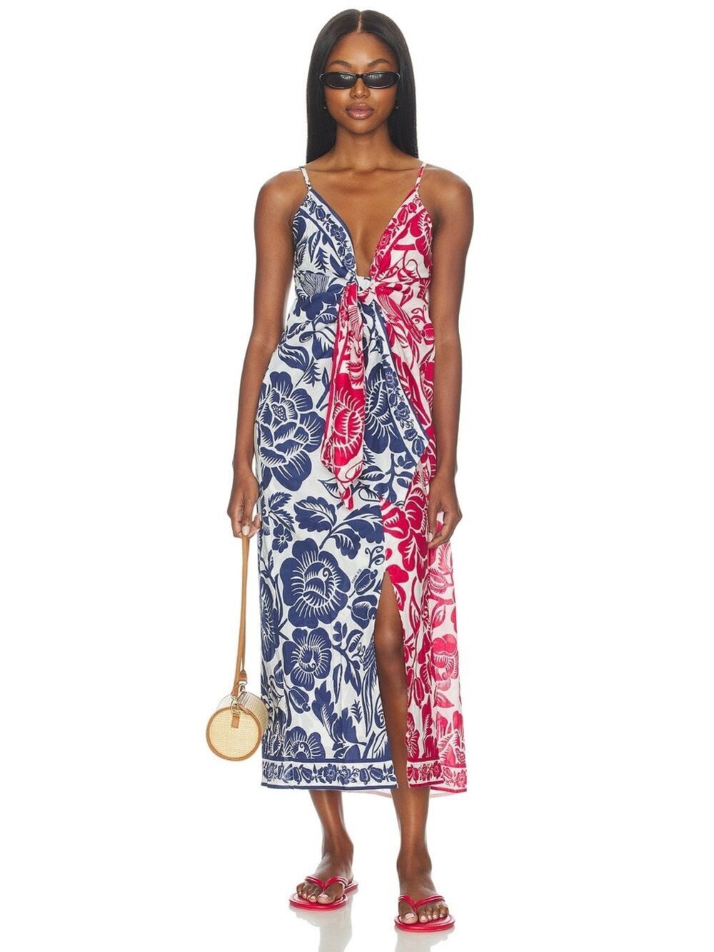 Farm Rio Cashew And Birds Long Dress in Red & Blue